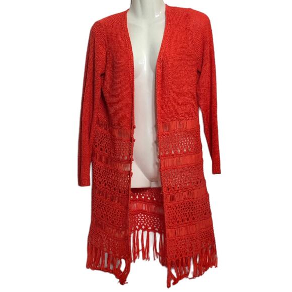 Chicos Open Knit Cardigan Orange Fringed Boho Summer Long Sweater - Picture 1 of 8